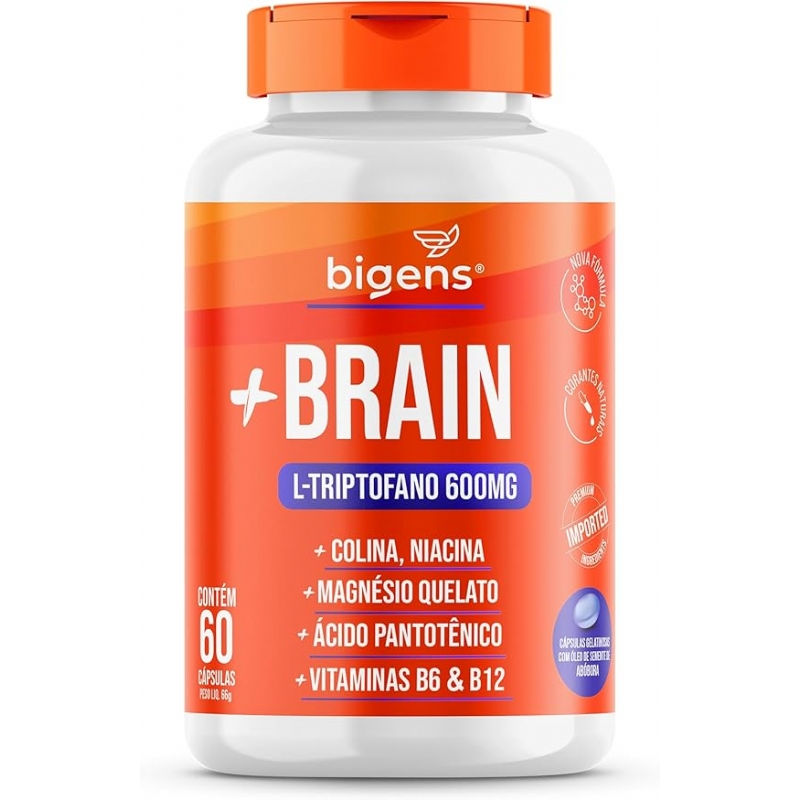 Foto + Brain Triptofano 600mg 60 caps Colina Relax, Foco, Bigens