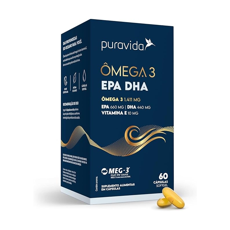 Foto Puravida Suplemento alimentar Ômega 3 EPA DHA 60 cápsulas