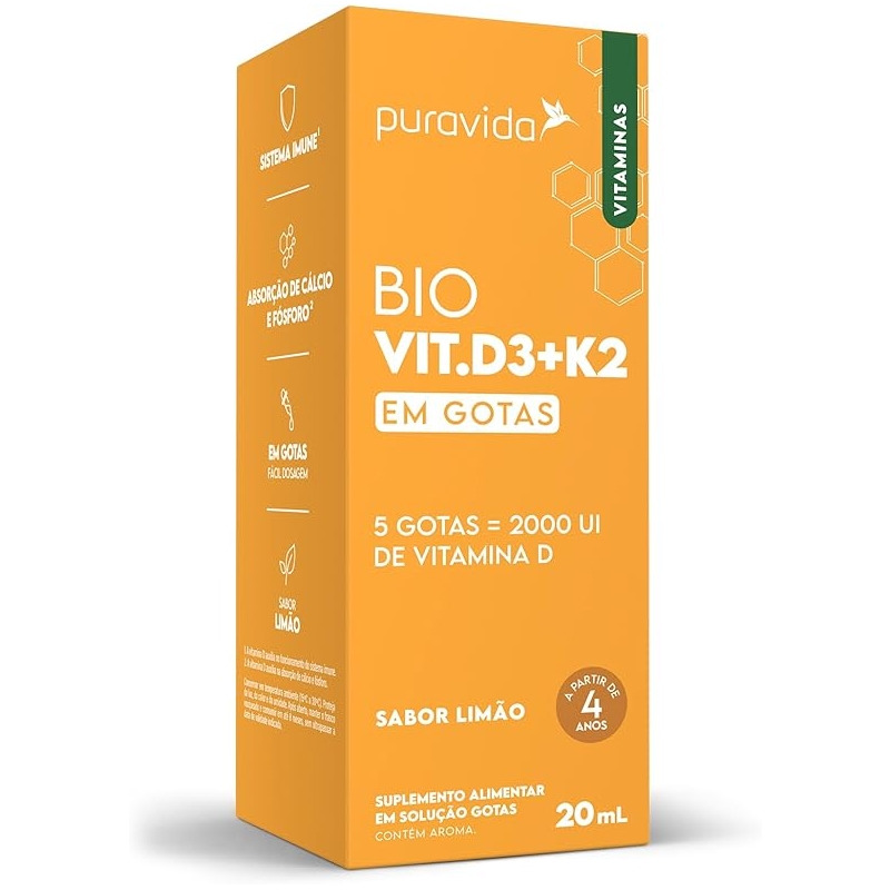 Foto Puravida Vitaminas Bio Vit. D3 + K2 2000UI Gotas Sabor Limão 20ml